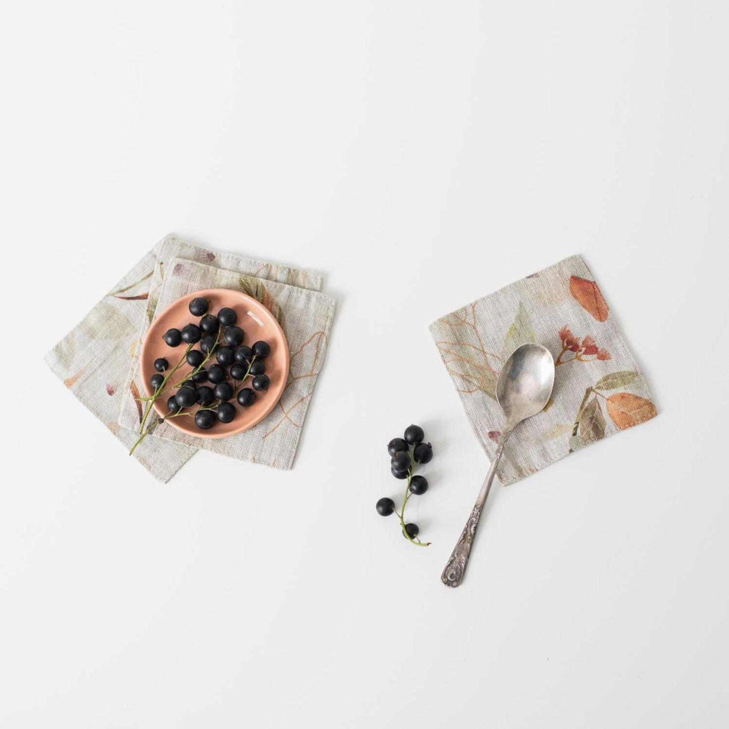 Leaves on Natural Linen Coasters Set of 4