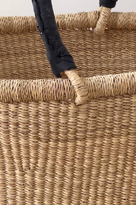 Handwoven Oval Market Basket with Leather Handles