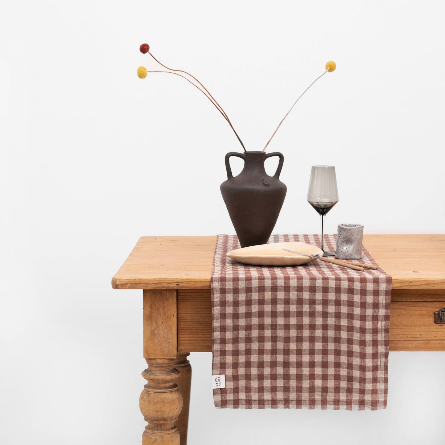 Chocolate Gingham Linen Table Runner