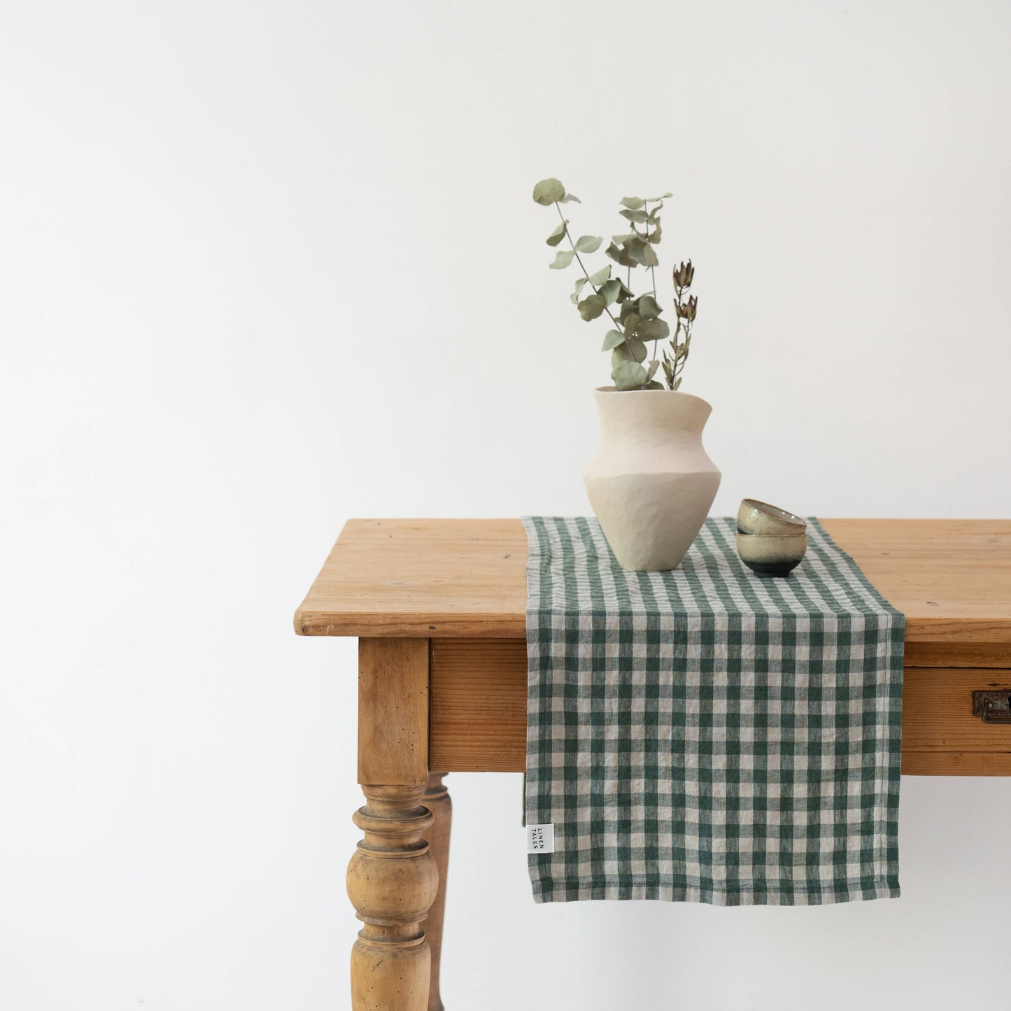 Forest Green Gingham Linen Table Runner