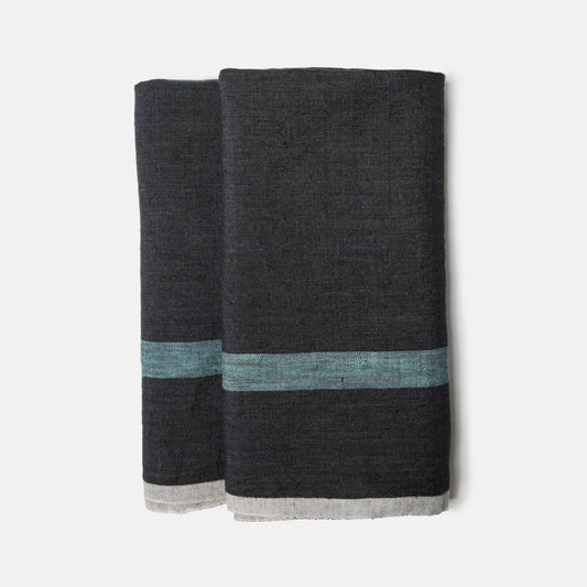 Laundered Linen Charcoal/Aqua Towels 20x30 - Set of 2