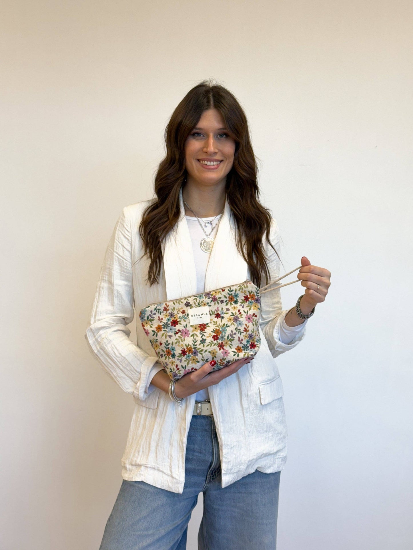 Floral Jacquard Large Makeup Bag – Beige (Blum)