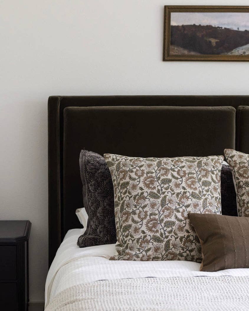 Ethel | Natural Tan Sage Floral Handblock Pillow