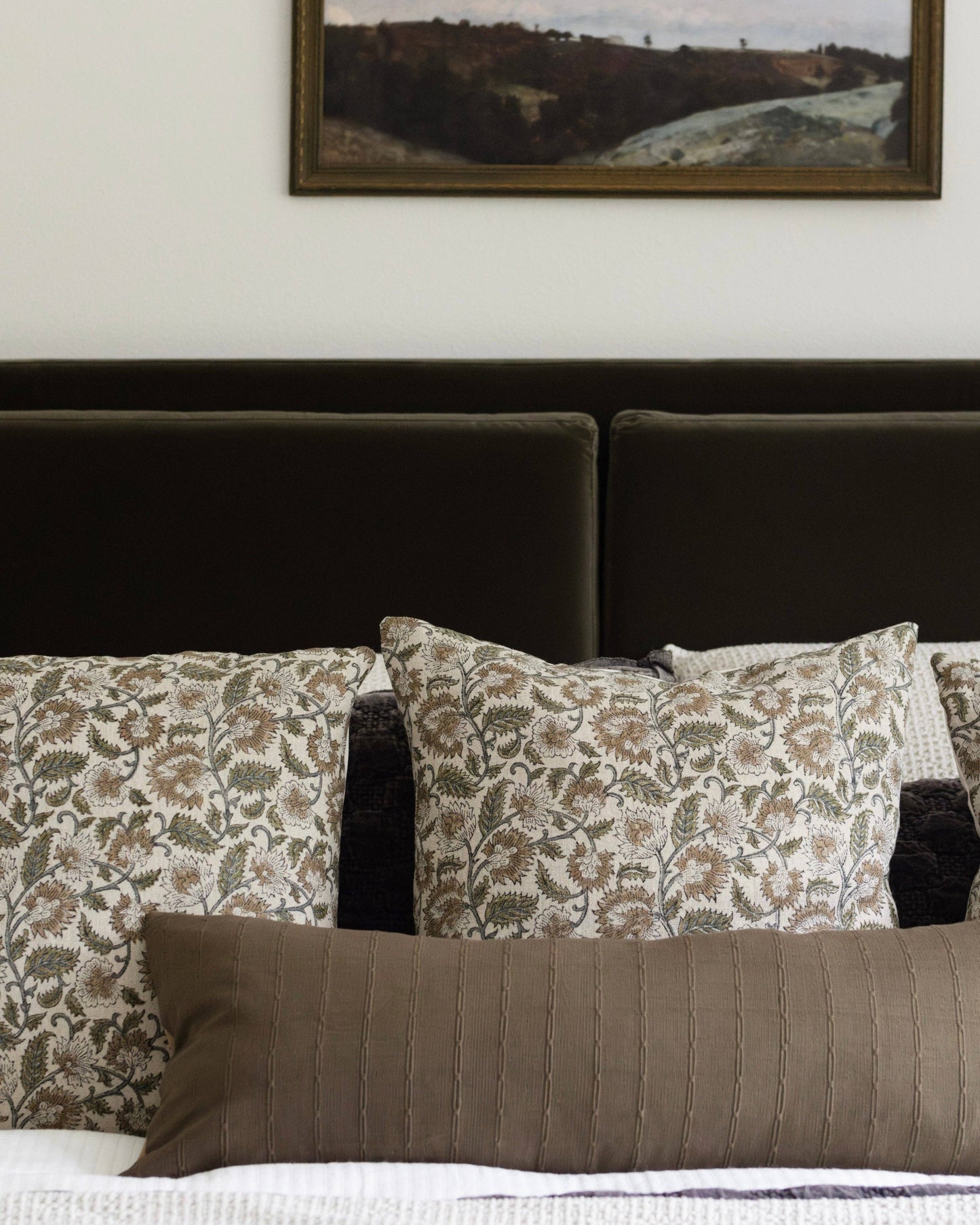 Ethel | Natural Tan Sage Floral Handblock Pillow
