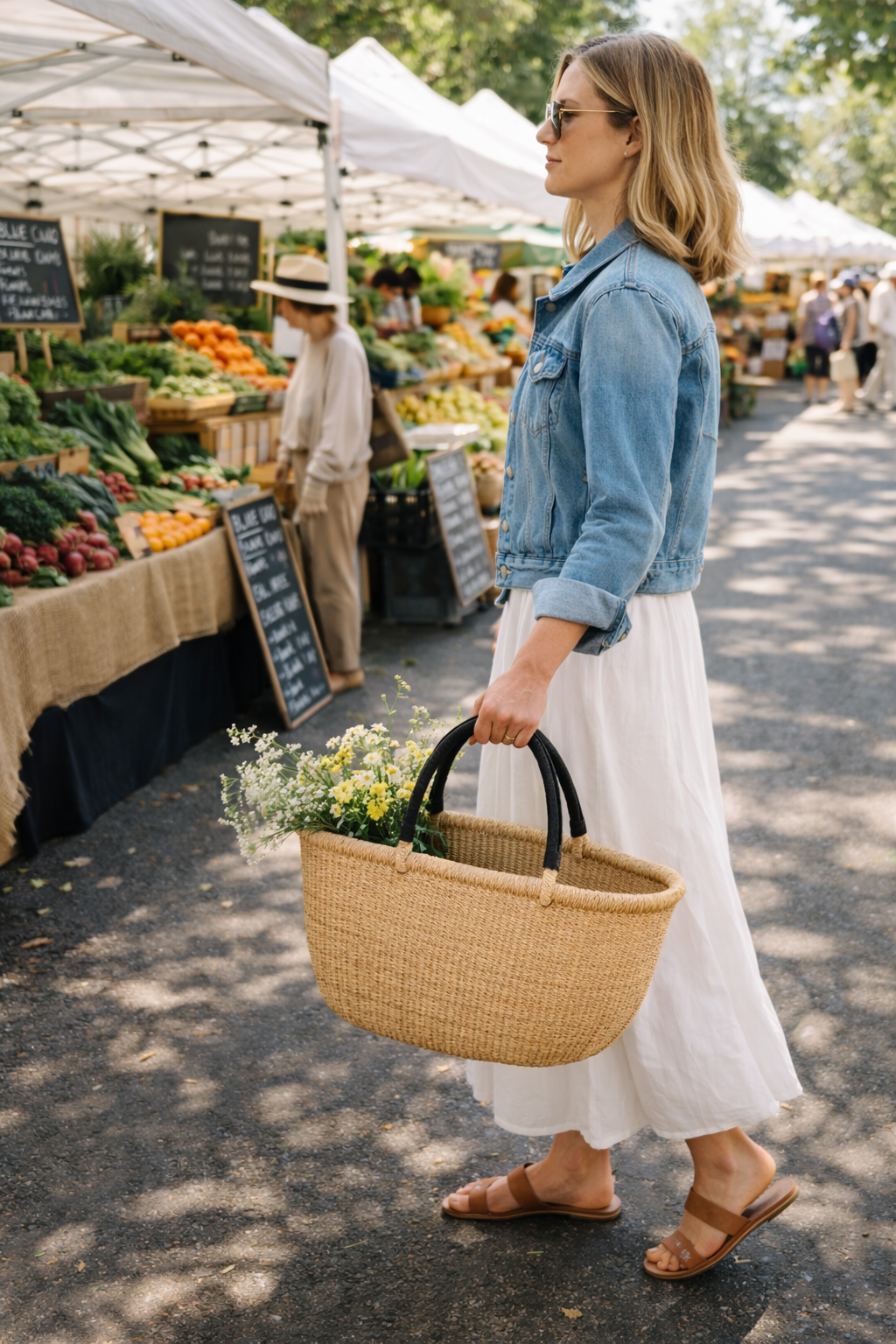Handwoven Oval Market Basket with Leather Handles