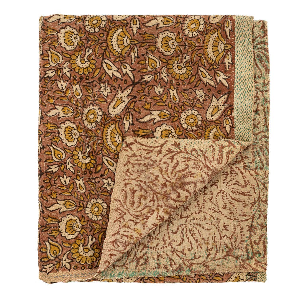Block Printed Vintage Kantha Blanket, Meadow