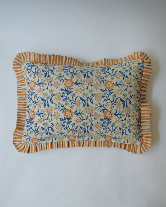 Priya - Hand Block-printed Linen Pillow (Ink Blue) - Ruffle