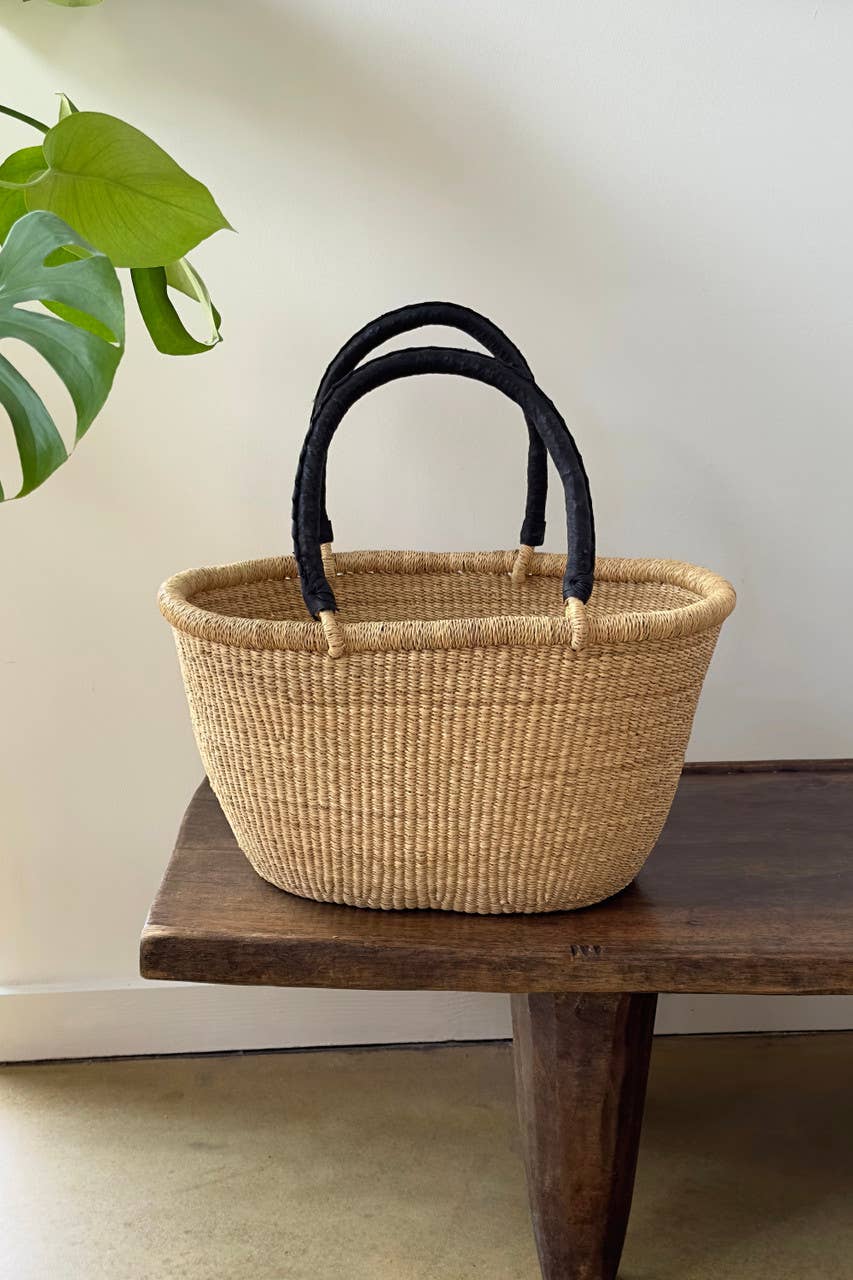 Handwoven Oval Market Basket with Leather Handles