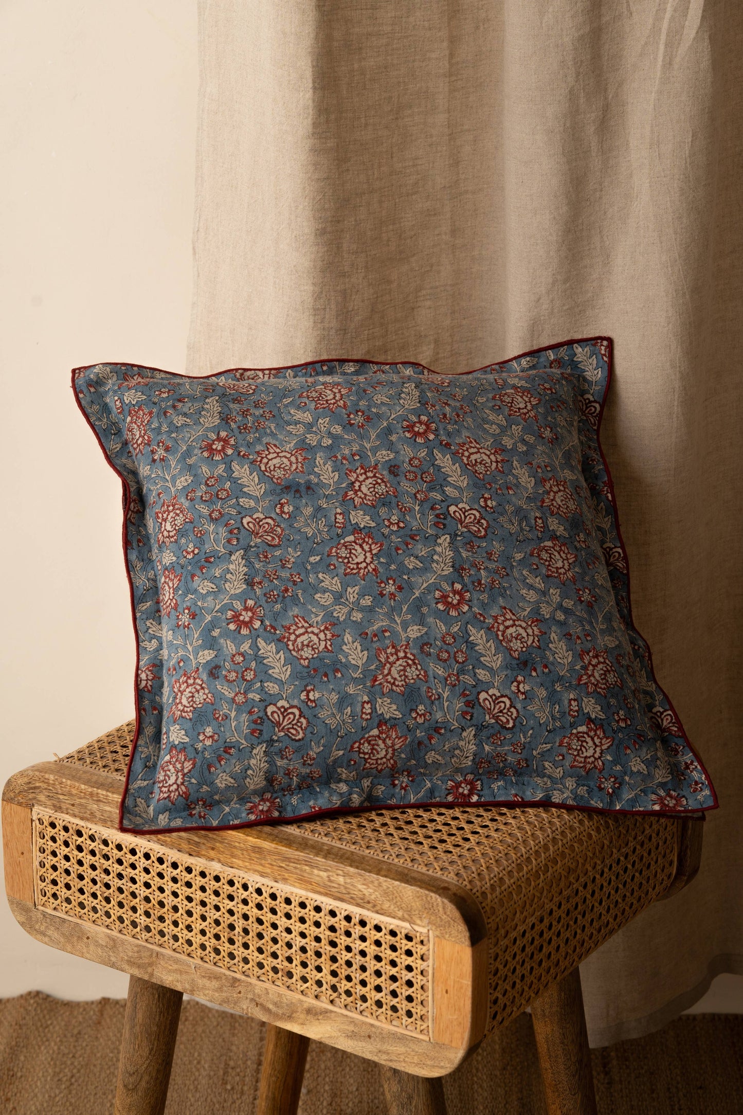 Block Printed Alba Linen Cushion Cover– Floral, Timeless