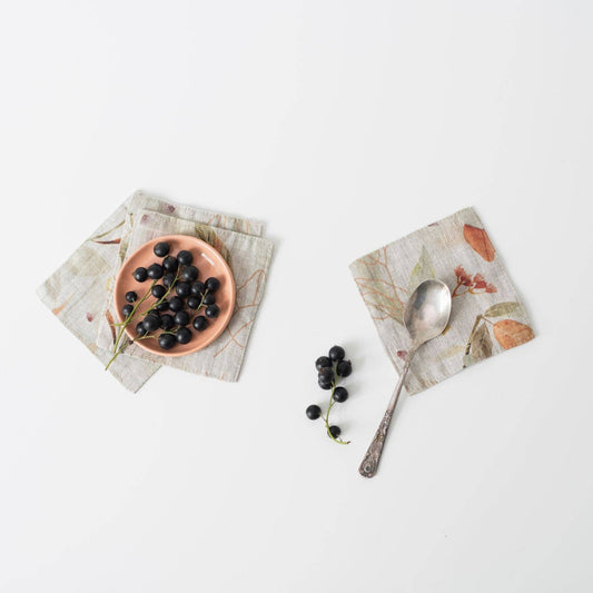 Leaves on Natural Linen Coasters Set of 4
