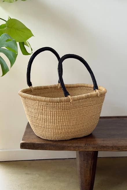 Handwoven Oval Market Basket with Leather Handles