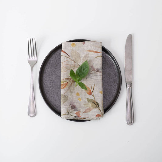 Leaves on Natural Linen Napkins Set of 2