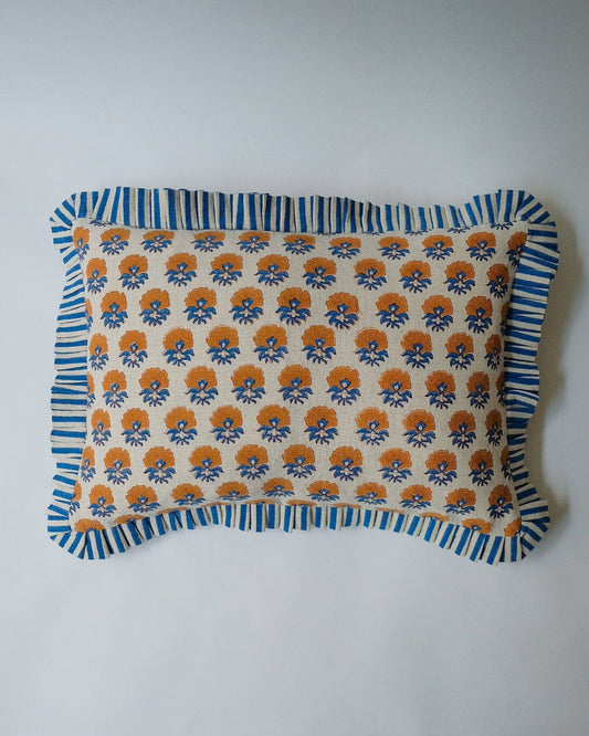 Veda - Hand Block-printed Linen Pillowcase (Ink Blue) - Ruffle