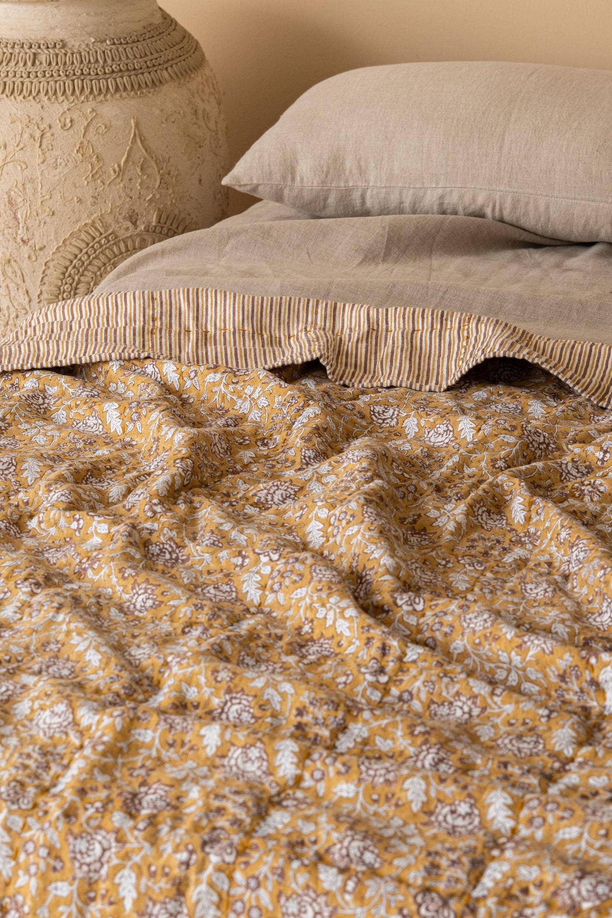 Hand Block Print Perline Linen Quilt – Double Sided