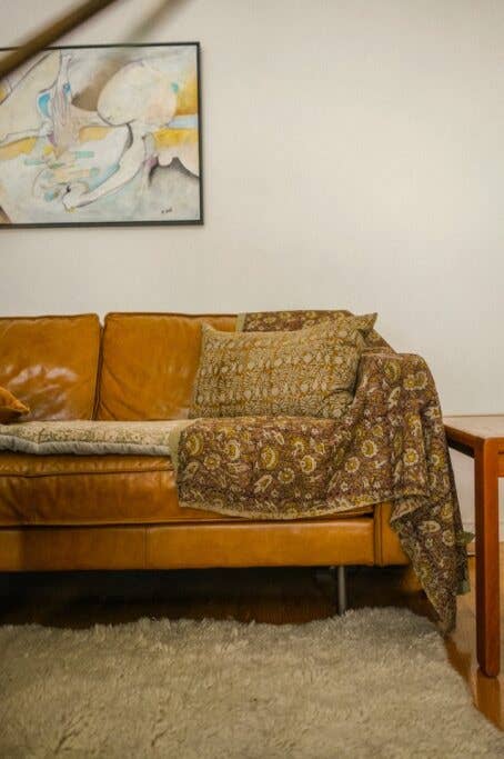 Block Printed Vintage Kantha Blanket, Meadow