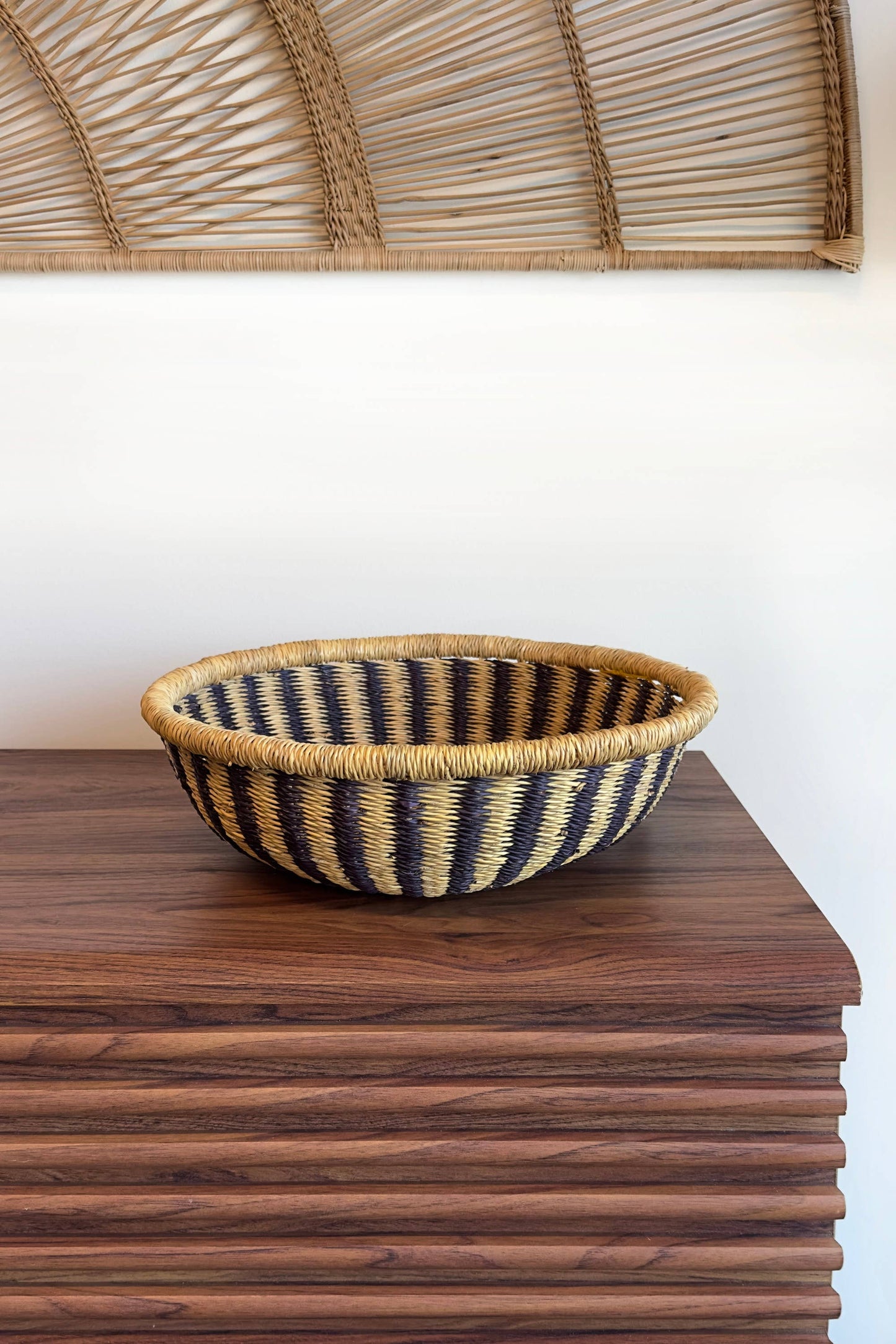 Handwoven Bolga Table Basket - Natural w/ Black Stripes