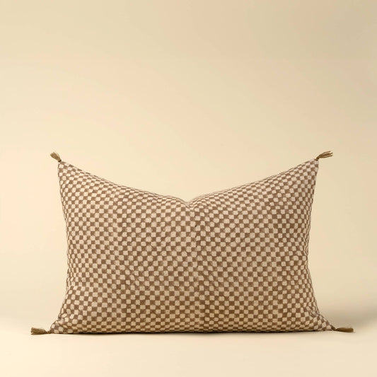 16x24 Block Print Check Linen Pillow, Brown