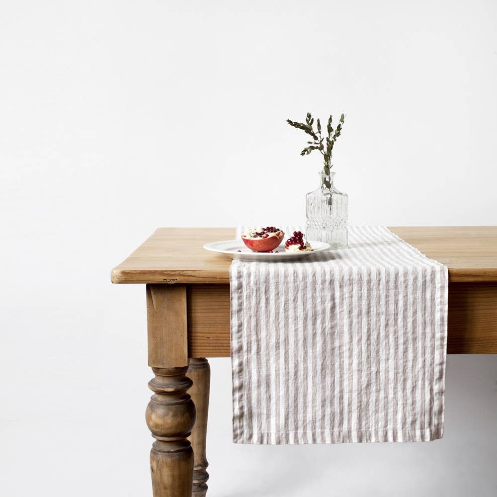 Natural White Stripes Linen Table Runner