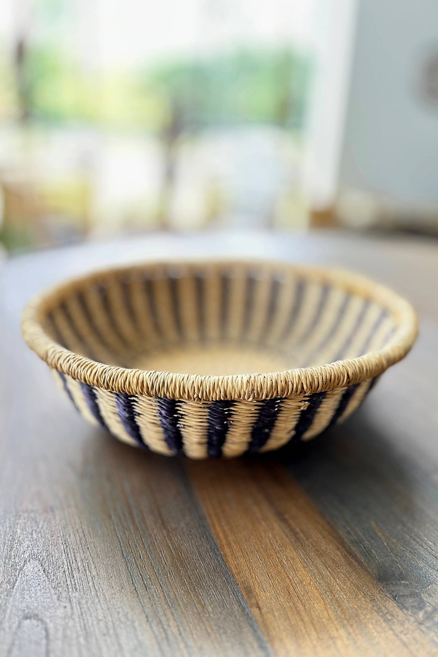 Handwoven Bolga Table Basket - Natural w/ Black Stripes