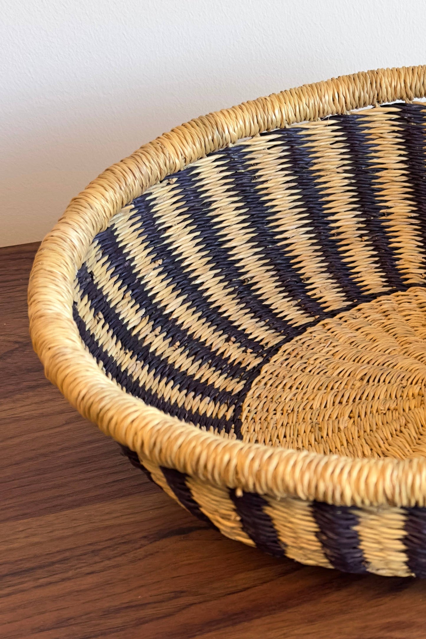 Handwoven Bolga Table Basket - Natural w/ Black Stripes